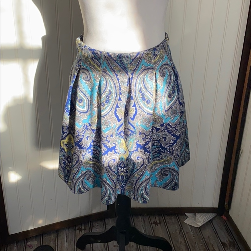 Paisley print pleated mini side zip closure skirt